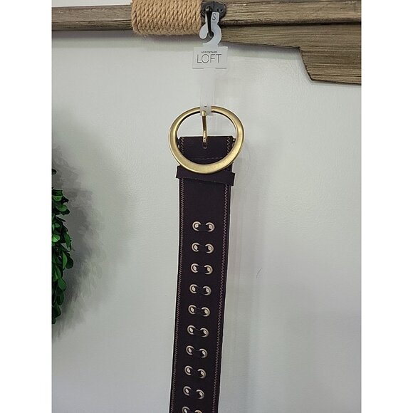 ANN TAYLOR LOFT Belt Womens XS Brown Leather Wide Brass Buckle Grommets NWT - Picture 1 of 6